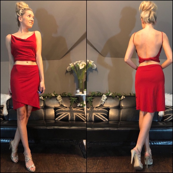 Express Dresses & Skirts - Express 2 Piece Red Open Back Tie Top Skirt Set